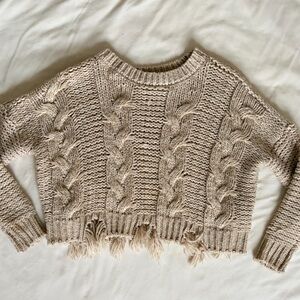 Ramy Brook Beige Fringe Hem Line Cable Knit Sweater